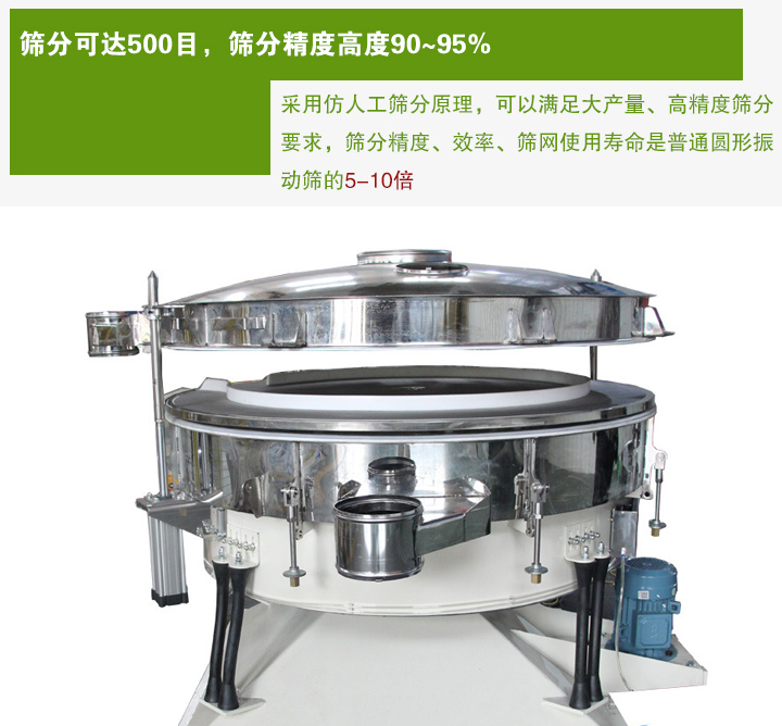 搖擺篩分機采用仿人工篩分原理，可以滿足大產(chǎn)量、高精度篩分 要求，篩分精度、效率、篩網(wǎng)使用壽命是普通圓形振 動篩的5-10倍